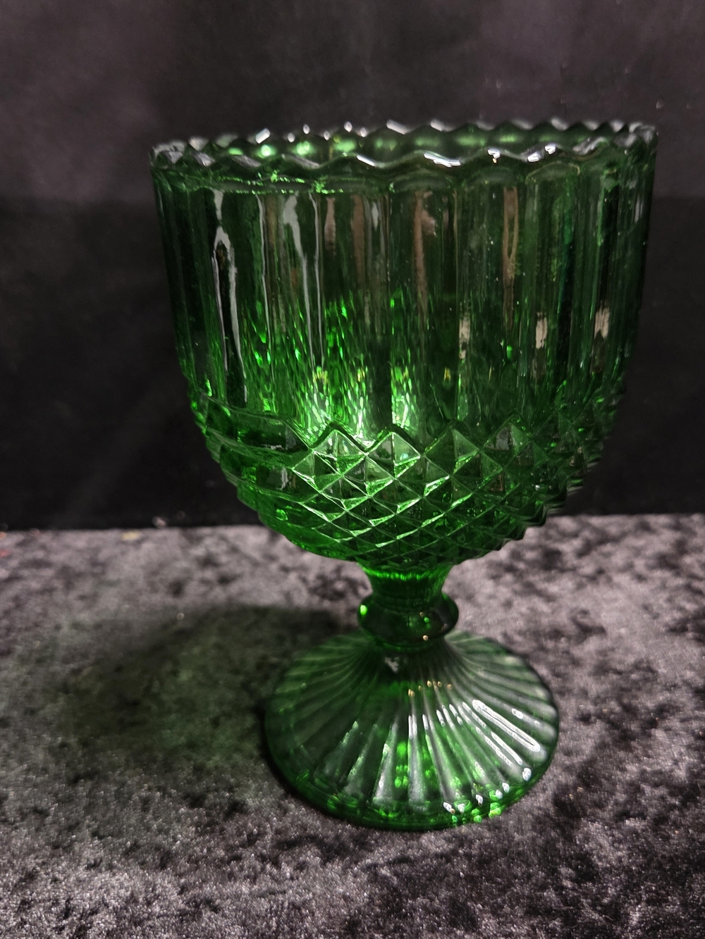 Green Indiana Glass Sawtooth Diamond Point Candy/Goblet Dish 6” Vintage